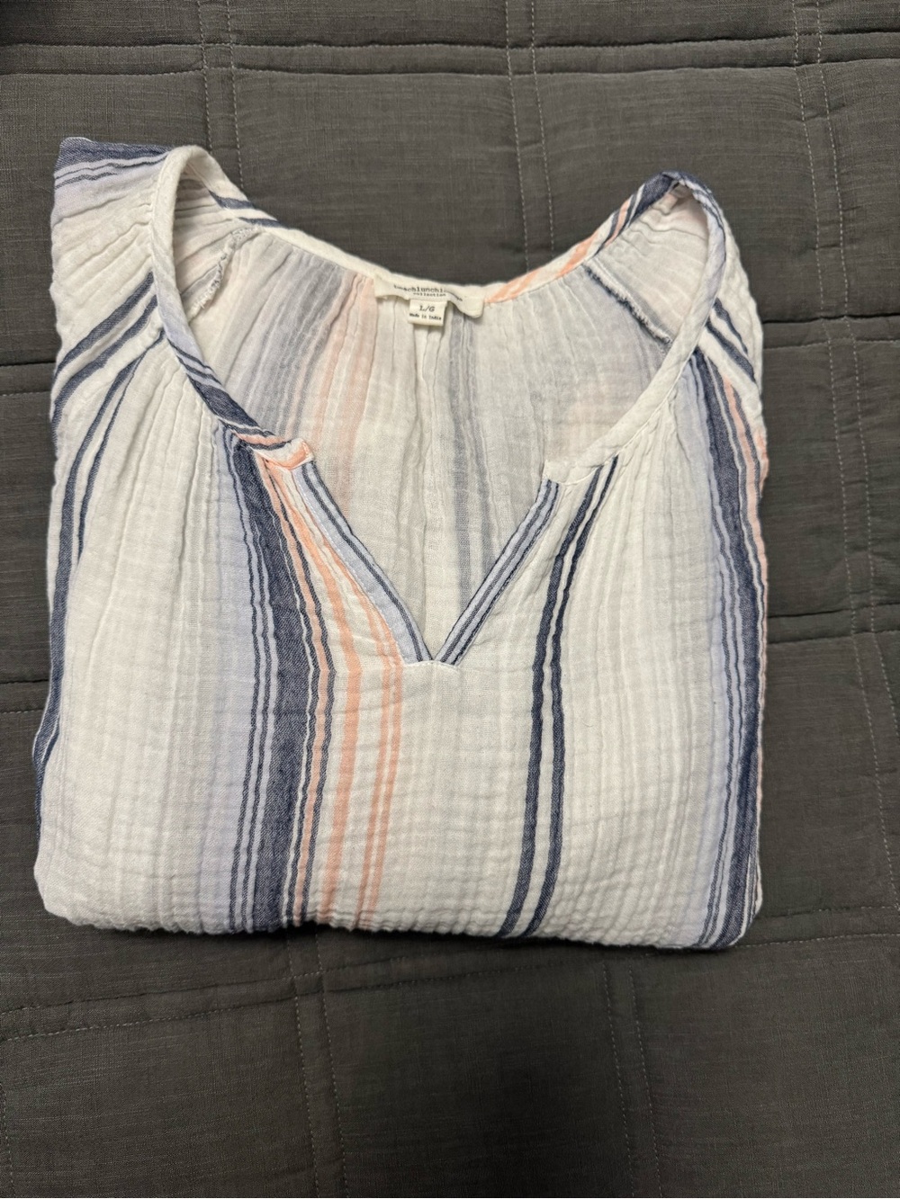 beachlunchlounge White Striped V-Neck with Blue and Peach Accents